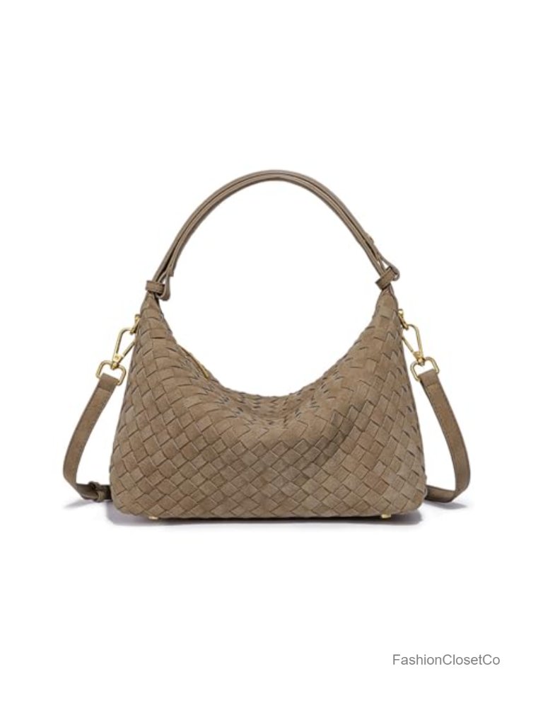 Woven Suede Shoulder Bag - Slouchy Crescent Hobo Satchel Crossbody Purse